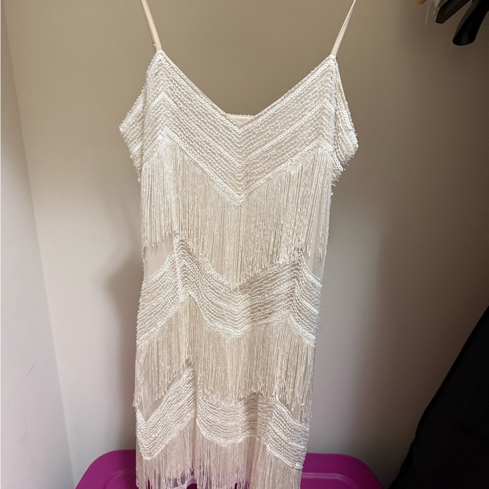Elegant White Fringe Dress- Size M